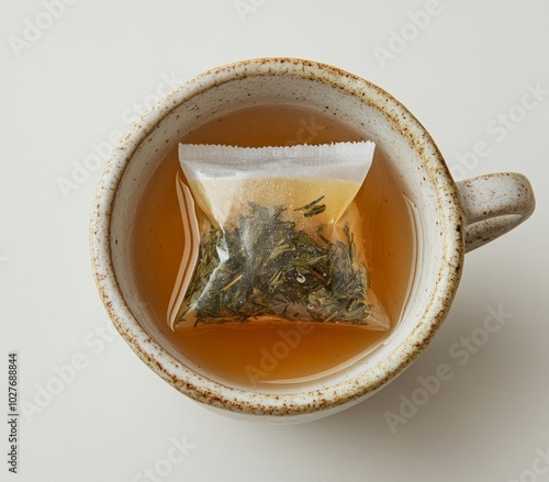Brewing a warm cup of tea with a steeping bag in a cozy ceramic mug at home