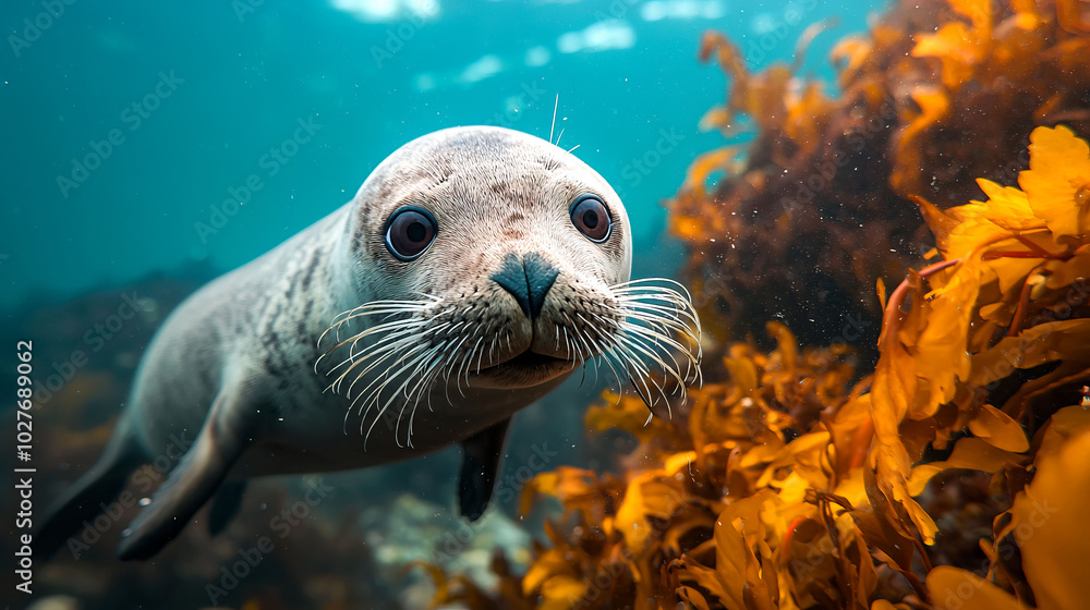 Fototapeta premium Seal swimming among kelp in underwater scene.