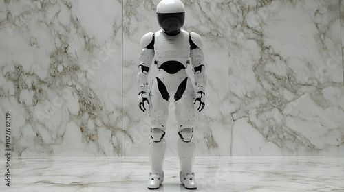 3D Render of a White Robot in Front of a Marble Wall