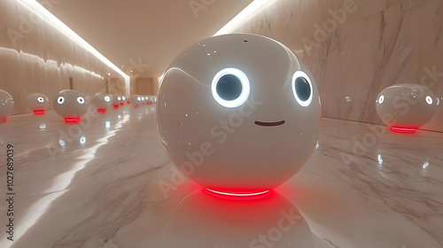 White Sphere Robot with Red Light in a Hallway - Illustration