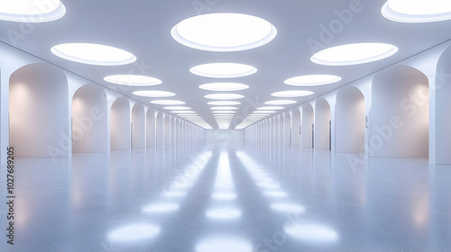 White Hallway With Round Ceiling Lights 3D Illustration