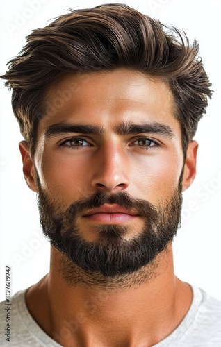 Stylish man with a full beard and sleek hair posing against a plain background