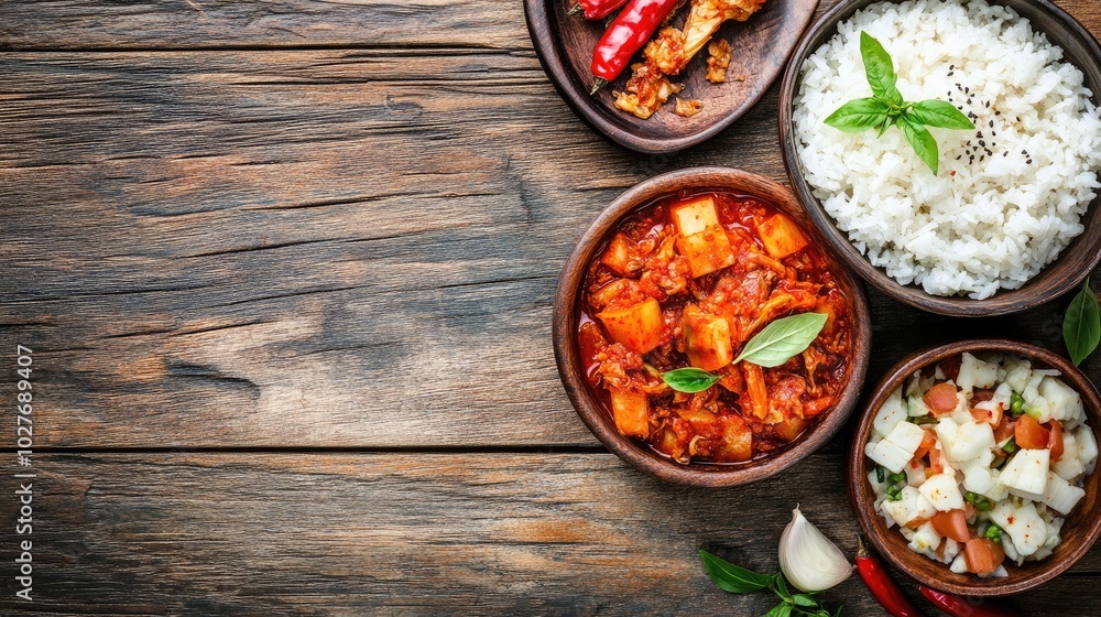 Delicious Homestyle Meal on Rustic Wood Table Delicious Homestyle Meal on Rustic Wood Table