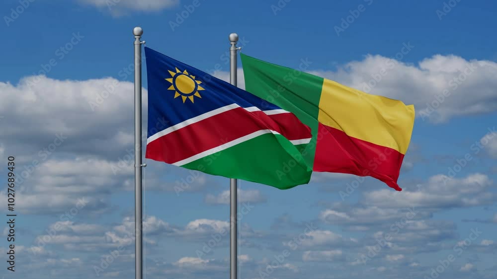 Namibia and Benin flags flying together, video concept of the relationship Namibia and Benin flags flying together, video concept of the relationship