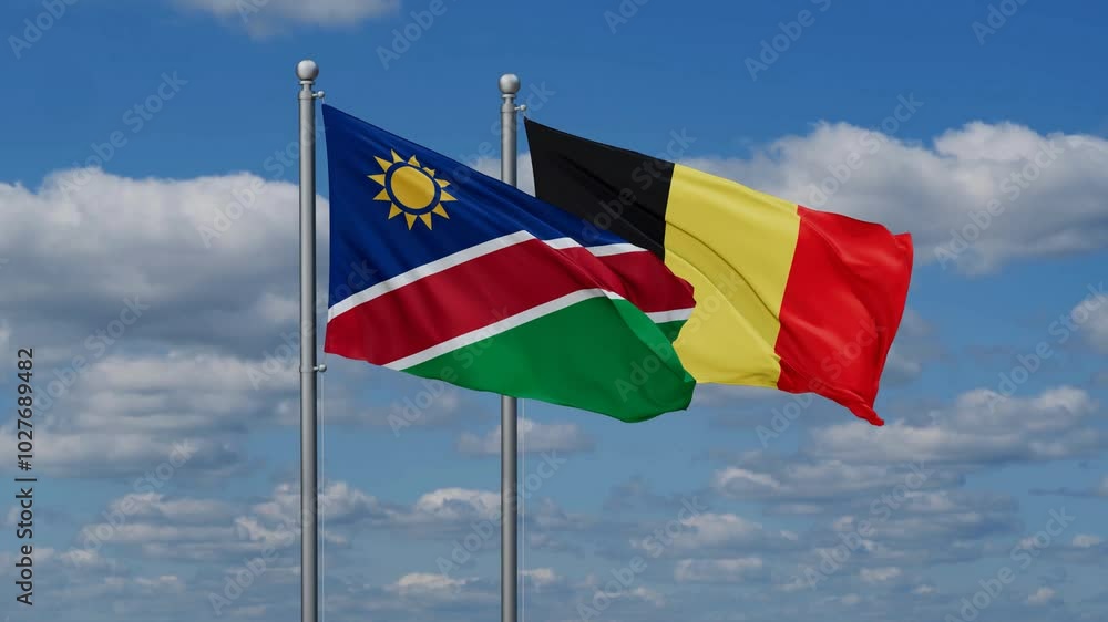 Belgium and Namibia flags flying together, video concept of the relationship, two country relations concept Belgium and Namibia flags flying together, video concept of the relationship, two country relations concept