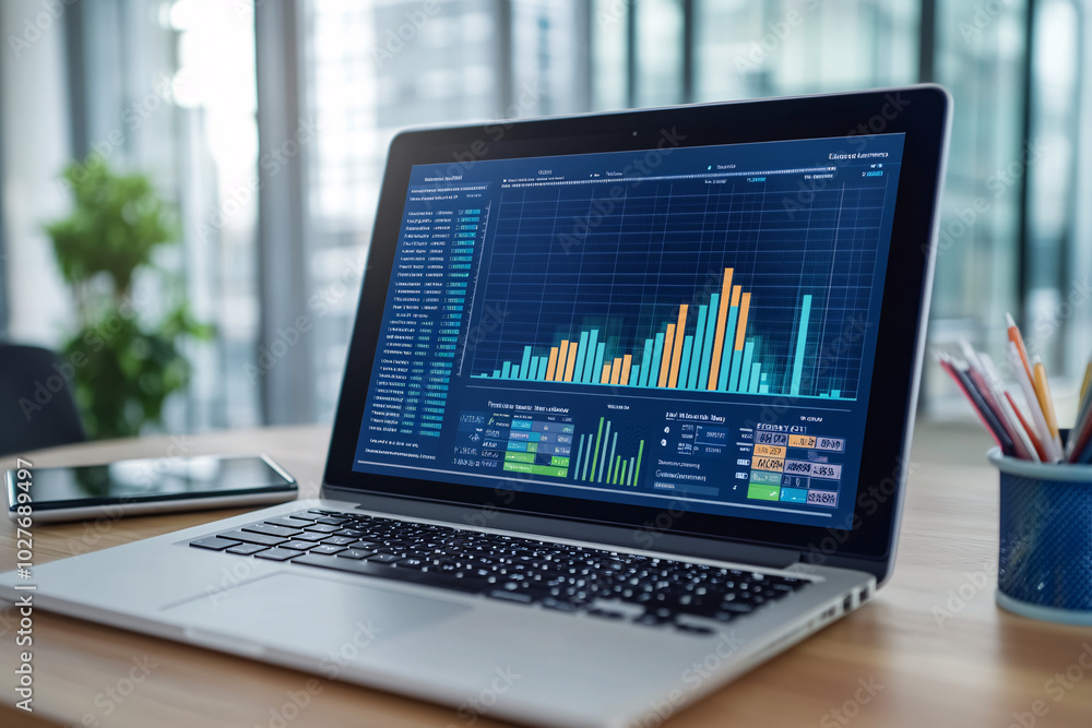 Laptop Screen Showing Business Analytics and Financial Data Laptop Screen Showing Business Analytics and Financial Data
