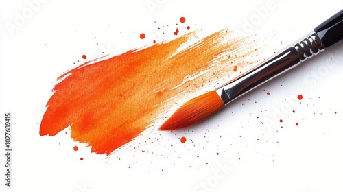 A brush applying vibrant orange watercolor on textured white paper during an ...