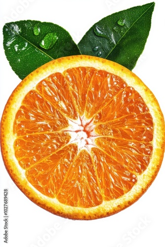 Freshly sliced oranges with vibrant color resting on green leaves against a l...