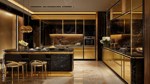 Wallpaper Mural Sleek kitchen interior with integrated appliances, A kitchen with a marble counter top and a gold chair Torontodigital.ca