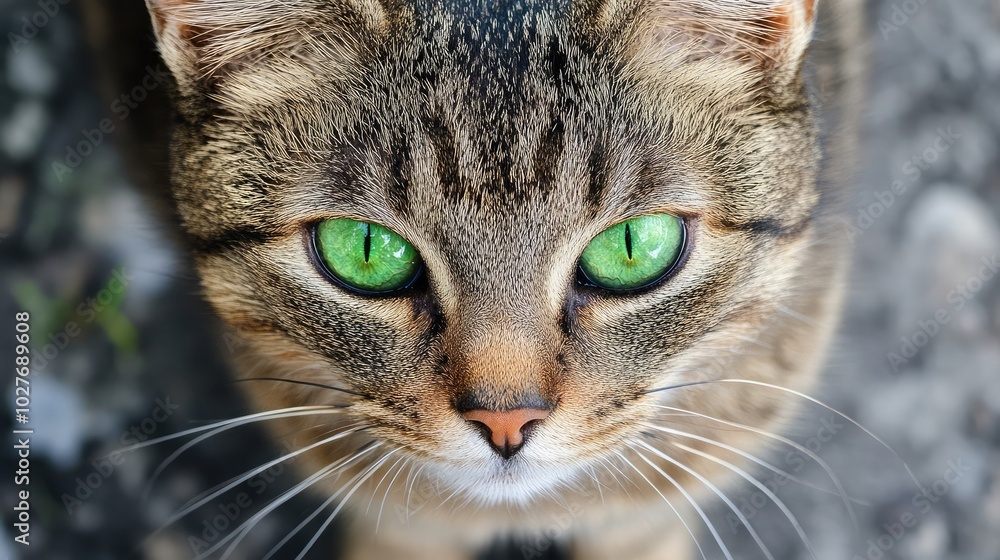 Portrait of a tabby cat with striking green eyes Portrait of a tabby cat with striking green eyes