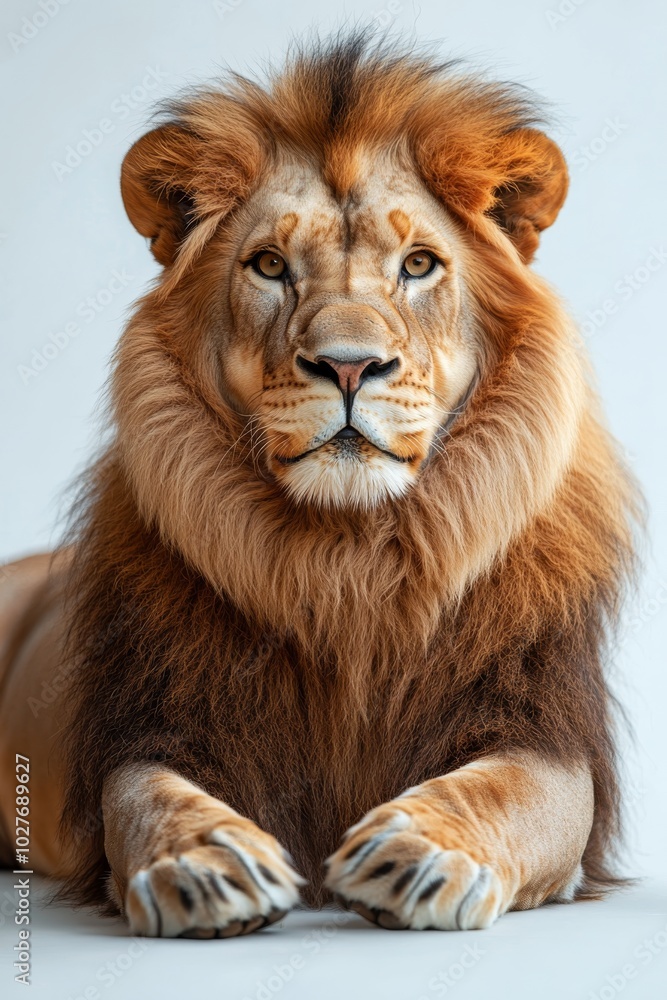 Majestic lion resting calmly on a smooth white surface in a studio setting Majestic lion resting calmly on a smooth white surface in a studio setting