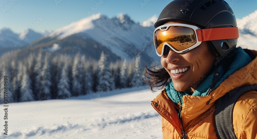 African American woman smiling enjoying skiing in the snow. Winter sports, outdoor adventures, seasonal fun concept. African American woman smiling enjoying skiing in the snow. Winter sports, outdoor adventures, seasonal fun concept.