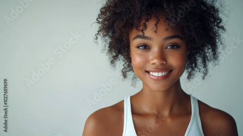 Smiling woman with curly hair poses in a casual outfit against a plain backgr...