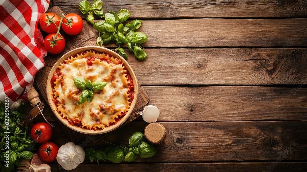 Delicious Lasagna with Fresh Ingredients on Wooden Table Delicious Lasagna with Fresh Ingredients on Wooden Table