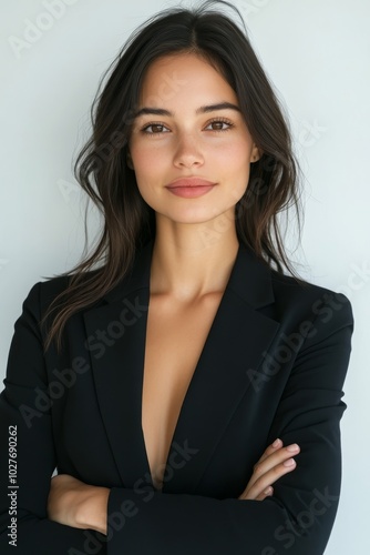 Confident woman in a black suit with arms crossed, posed against a light back...