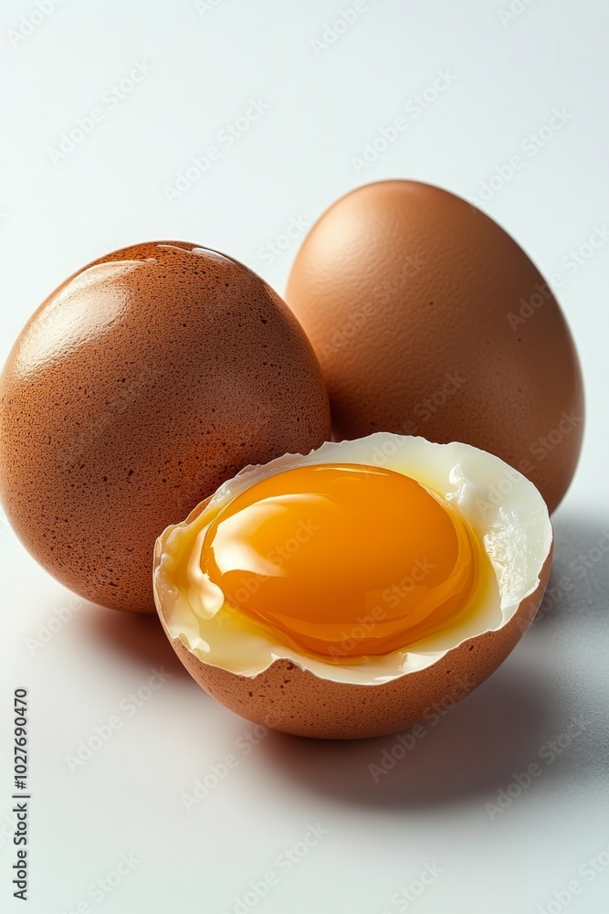 Freshly cracked brown eggs revealing bright yellow yolk on a clean surface Freshly cracked brown eggs revealing bright yellow yolk on a clean surface