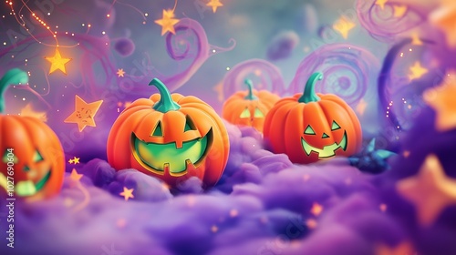 A whimsical abstract Halloween card with vivid orange and green jack-o-lanterns, surrounded by spiraling purple mist and glowing stars, creating a playful yet spooky atmosphere.