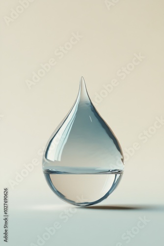 A single water droplet suspended above a smooth surface reflecting light in s...