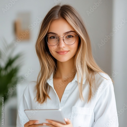 Young woman in casual attire holds tablet while smiling in bright indoor setting