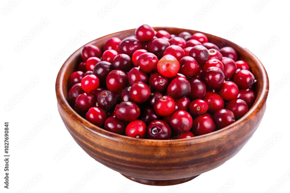 Fresh Red Cranberries in Wooden Bowl on White Background Fresh Red Cranberries in Wooden Bowl on White Background
