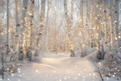 Fototapeta Naklejka Na Ścianę i Meble -  Beautiful snowy winter forest with lights