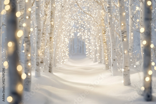 Beautiful snowy winter forest with lights photo