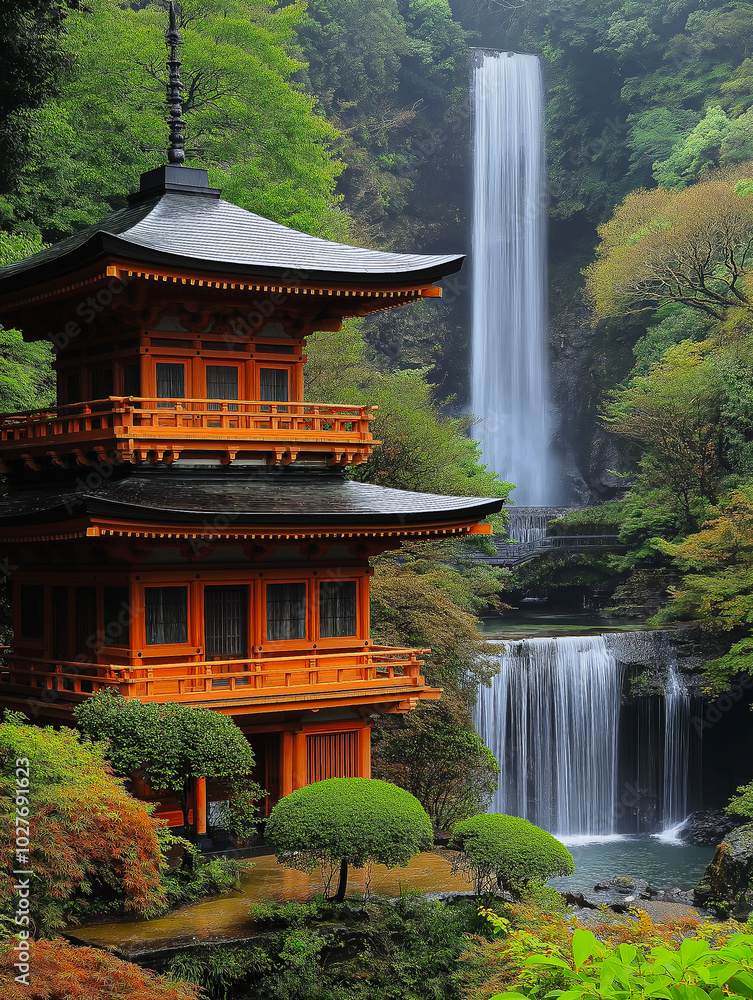 Japanese style house with waterfalls, postcard, design Japanese style house with waterfalls, postcard, design