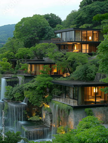 Japanese style house with waterfalls, postcard, design