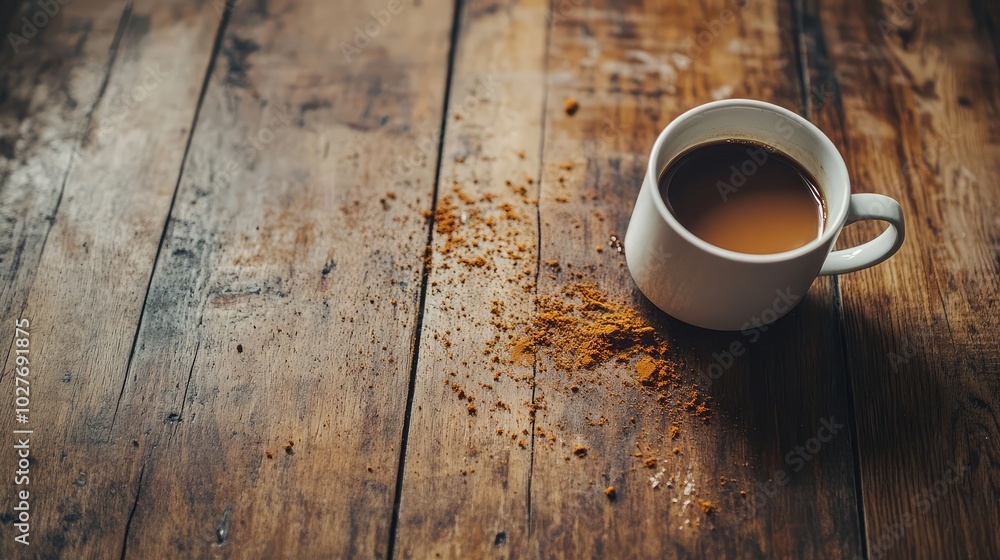 Spilled coffee from a tipped-over white mug on a wooden floor, suggesting a moment of surprise or mess Spilled coffee from a tipped-over white mug on a wooden floor, suggesting a moment of surprise or mess