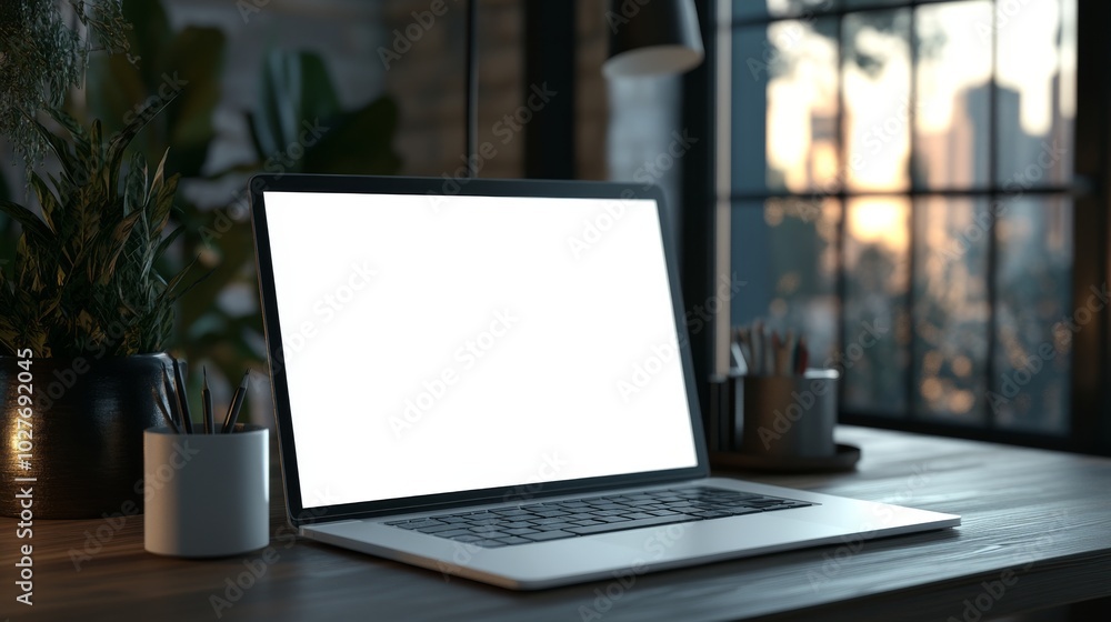 Laptop with blank screen on wooden desk with plant and pencils in a modern home office. Laptop with blank screen on wooden desk with plant and pencils in a modern home office.