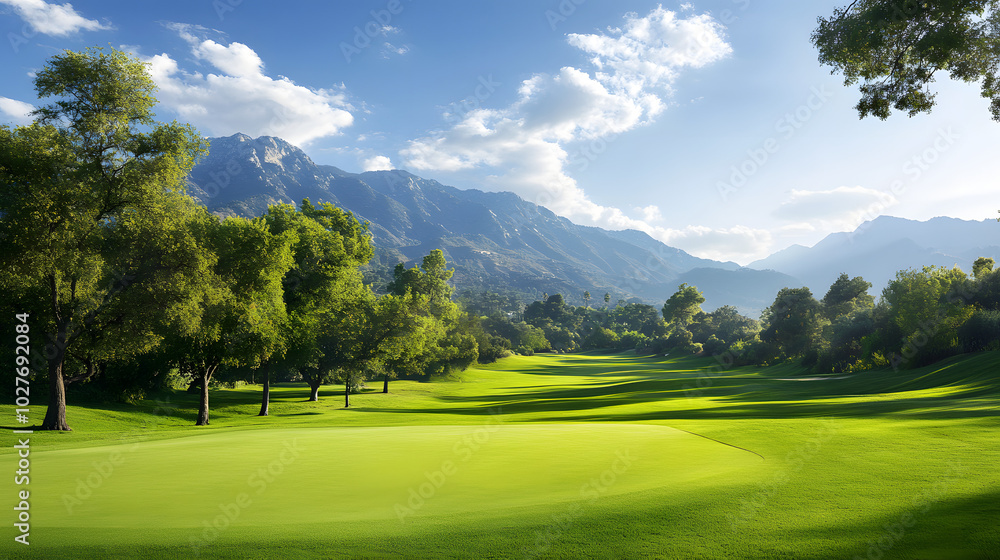 A Tranquil Golf Course Showcasing Perfectly Trimmed Grass, Lush Trees, and Stunning Mountains Beneath a Vibrant Blue Sky A Tranquil Golf Course Showcasing Perfectly Trimmed Grass, Lush Trees, and Stunning Mountains Beneath a Vibrant Blue Sky