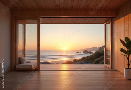 Interior modern minimalist beach sunset 3d rendering 