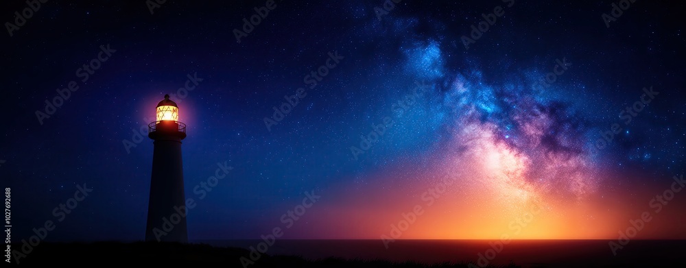 A lighthouse in the foreground with a starry night sky in the background, the Milky Way clearly visible, creating a sense of wonder and awe A lighthouse in the foreground with a starry night sky in the background, the Milky Way clearly visible, creating a sense of wonder and awe