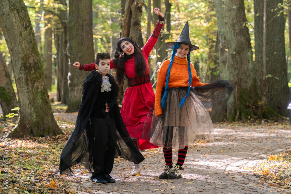 halloween in autumn forest, orange sweater, witch in striped stockings, teenager, boy dracula, red, funny witch, halloween, day of the dead holiday, dressed up witch halloween in autumn forest, orange sweater, witch in striped stockings, teenager, boy dracula, red, funny witch, halloween, day of the dead holiday, dressed up witch