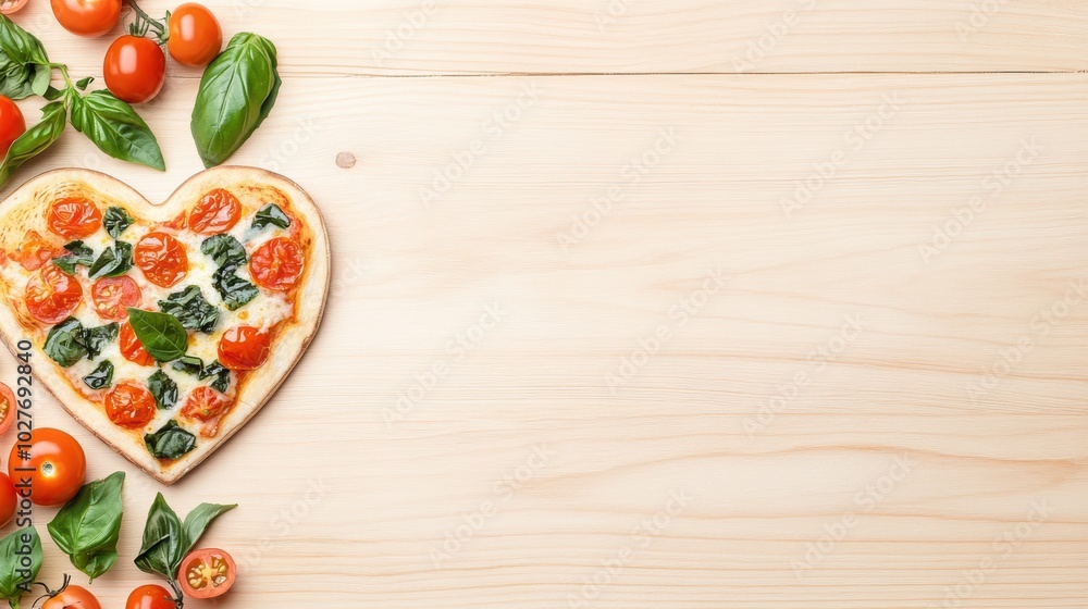 Heart-shaped pizza with mushrooms, olives, and basil on a light wooden background, surrounded by fresh ingredients like tomatoes, garlic, and herbs. Valentine's Day meal concept. Heart-shaped pizza with mushrooms, olives, and basil on a light wooden background, surrounded by fresh ingredients like tomatoes, garlic, and herbs. Valentine's Day meal concept.