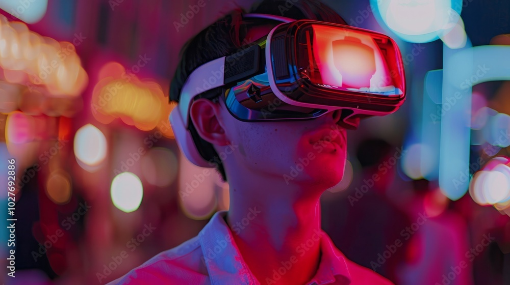 Portrait of a young man wearing virtual reality glasses in a night club Portrait of a young man wearing virtual reality glasses in a night club