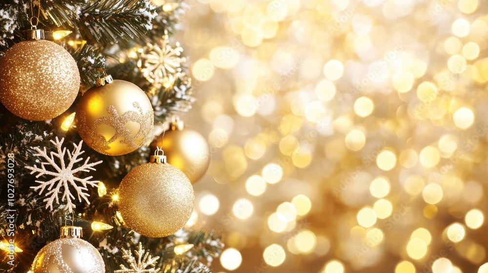 Christmas tree adorned with gold ornaments and snowflakes, glowing with soft golden bokeh lights in the background. Holiday elegance and festive celebration concept. Christmas tree adorned with gold ornaments and snowflakes, glowing with soft golden bokeh lights in the background. Holiday elegance and festive celebration concept.