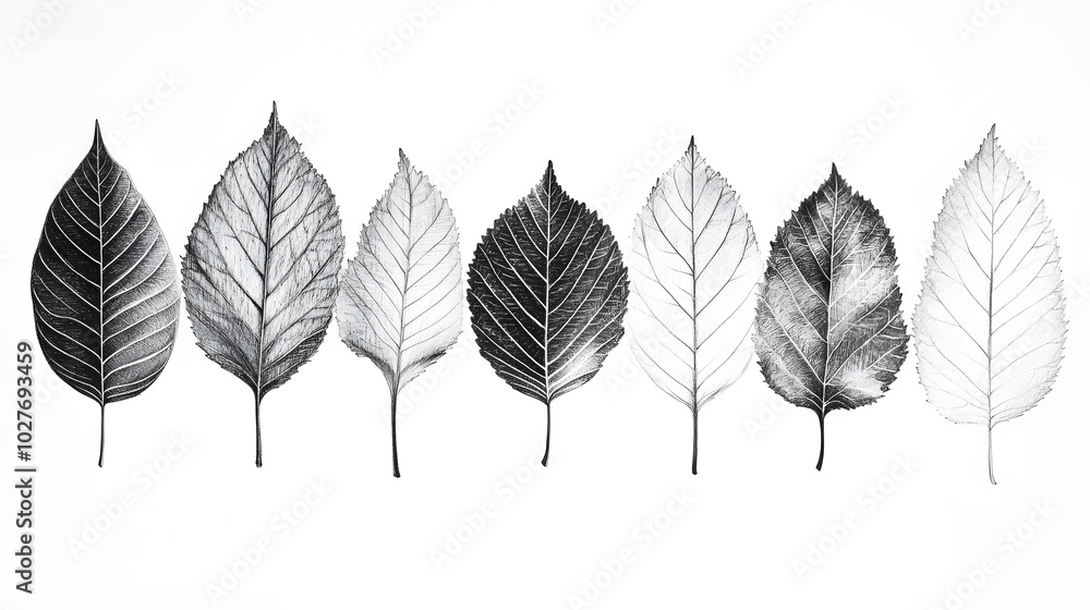 Fototapeta premium Modern Black and White Sketch Illustration of Autumn Leaves Arranged in a Beautiful Symmetrical Pattern