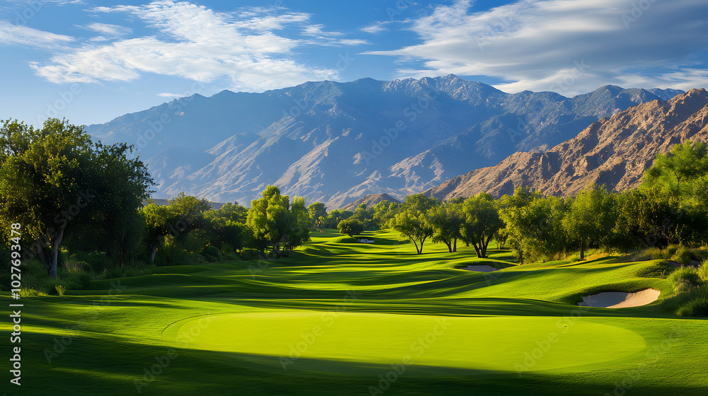 A Picturesque Golf Course Set Amidst Rolling Hills, Surrounded by Tall Trees and Impressive Mountain Ranges Beneath a Bright Blue Sky A Picturesque Golf Course Set Amidst Rolling Hills, Surrounded by Tall Trees and Impressive Mountain Ranges Beneath a Bright Blue Sky