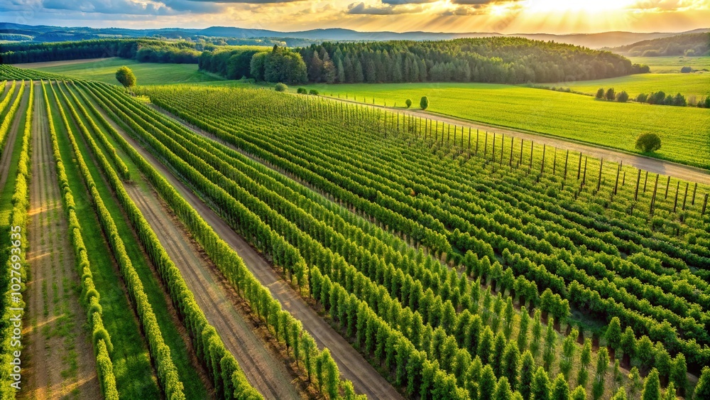 Aerial View of Humulus Hop Fields in Organic Agriculture for Beer Brewing in Lush Green Countryside Aerial View of Humulus Hop Fields in Organic Agriculture for Beer Brewing in Lush Green Countryside