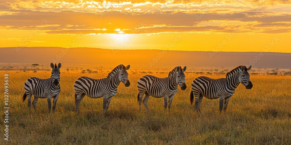 Obraz premium A herd of zebras grazing in a golden field at sunset, with mountains in the background, creating a tranquil and warm African safari scene.
