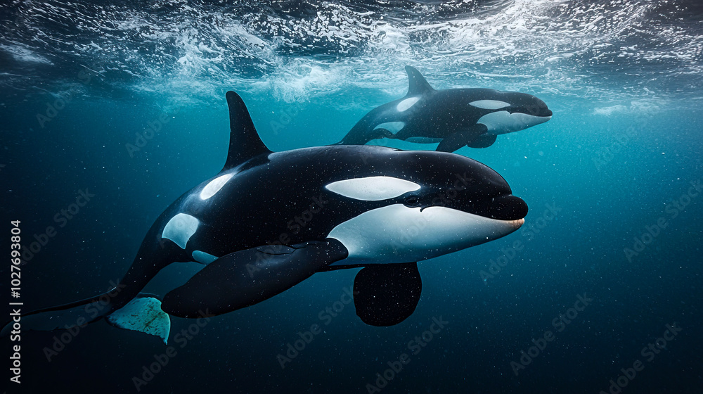 Obraz premium Two orcas swimming underwater in a serene ocean.