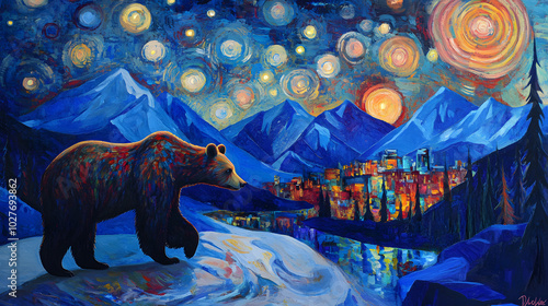 A Bear Wandering Toward a Brightly Lit City Under the Starlit Sky at Night in Delaunay's Style photo