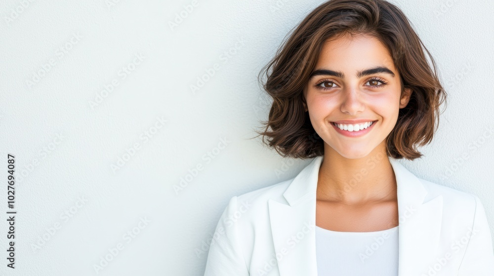 Smiling young woman with short curly hair leaning against a light wooden wall, wearing a casual cream-colored top. Positive and approachable personality concept. Smiling young woman with short curly hair leaning against a light wooden wall, wearing a casual cream-colored top. Positive and approachable personality concept.