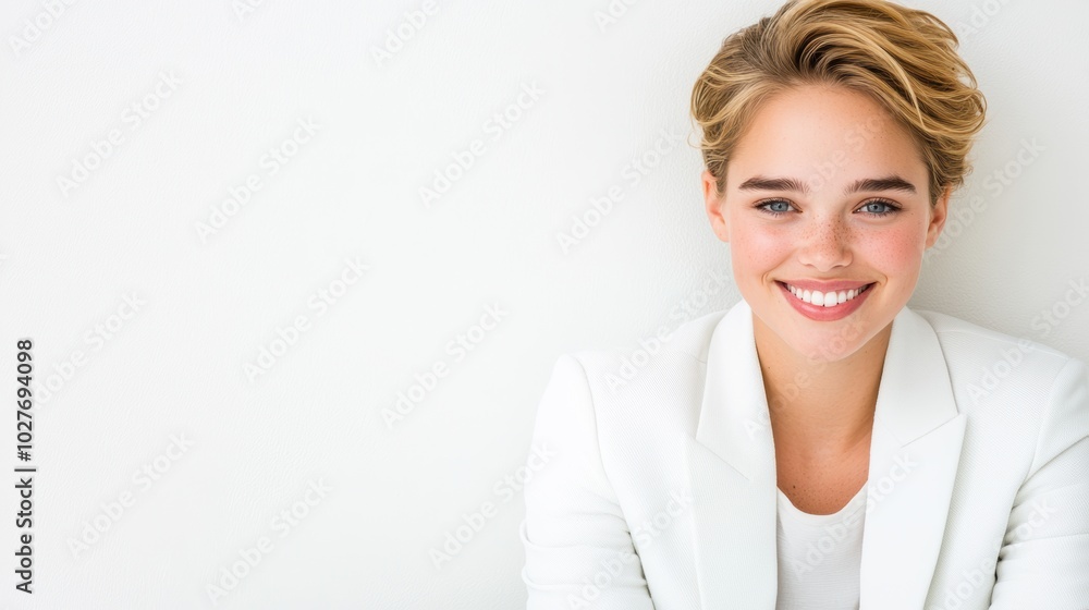 Smiling woman with short curly hair and a white blazer sitting against a soft pink background. Confidence and professional success concept. Smiling woman with short curly hair and a white blazer sitting against a soft pink background. Confidence and professional success concept.