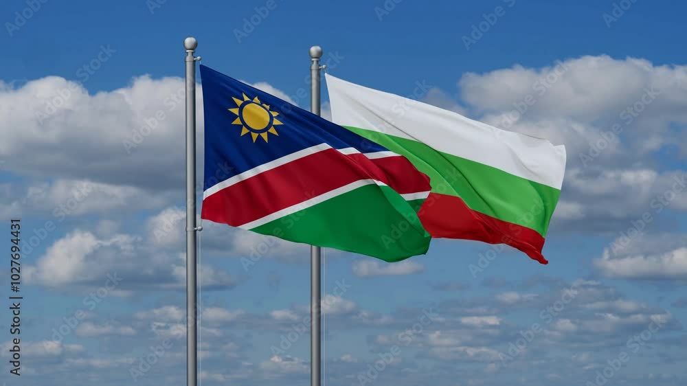 Bulgaria and Namibia flags flying together, video concept of the relationship, two country relations concept Bulgaria and Namibia flags flying together, video concept of the relationship, two country relations concept