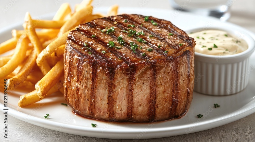 Delicious Grilled Steak with Fries and Sauce Delicious Grilled Steak with Fries and Sauce