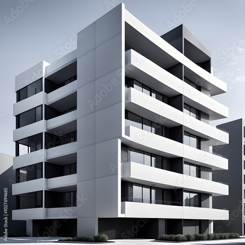 modern real estate apartment building in clean geometric forms in black and white