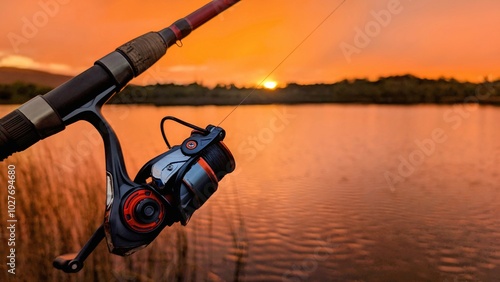 Obraz na płótnie Hand holding fishing rod and reel, sunset fishing at Ross lake at Galway, Ireland, spinning, angling, catch and release, sport and leisure, nature background w salonie