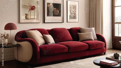 Art Deco Living Room with Crimson Velvet Sofa and Beige Pillows Against Venetian Stucco Wall photo